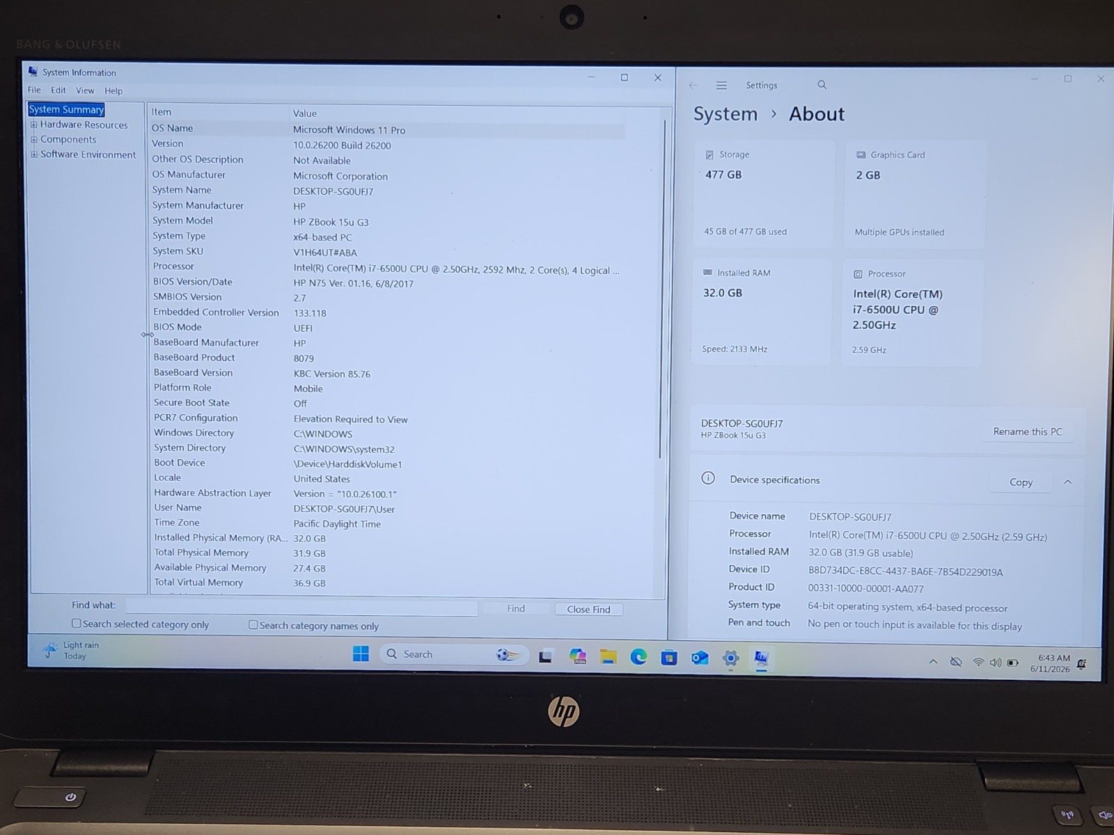 HP ZBOOK 15u G3 Workstation i7-6700HQ 2.60GHz 32GB RAM 512GB SSD W11P *READ*