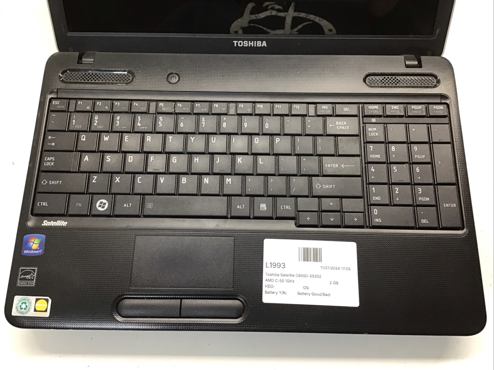 Toshiba Satellite C655D-S5202 AMD C-50 1GHz 2 GB NO HDD No Batt – READ