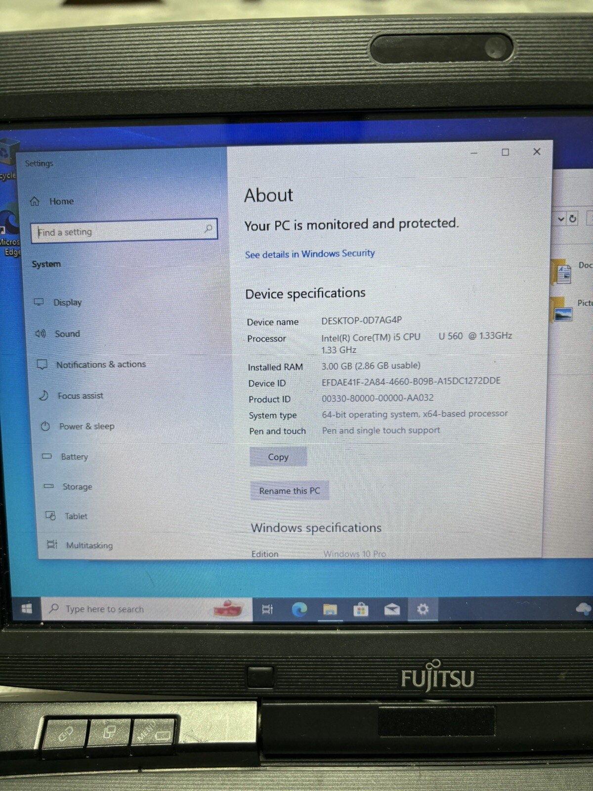 Fujitsu T 580 Core i5 – 1.33 GHz 3GB Ram Windows 10 – 512 SSD 10” Touch
