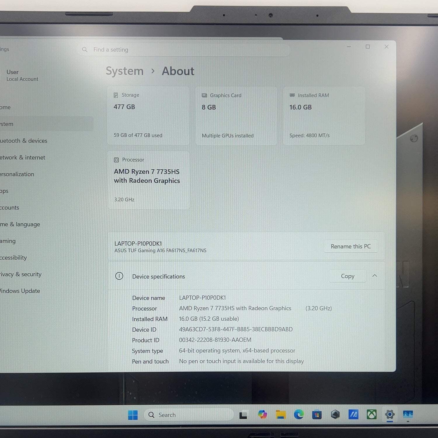 Asus TUF A16 FA617NS Ryzen 7 7735HS 3.2GHz 16GB RAM 512GB SSD Radeon RX 7600S
