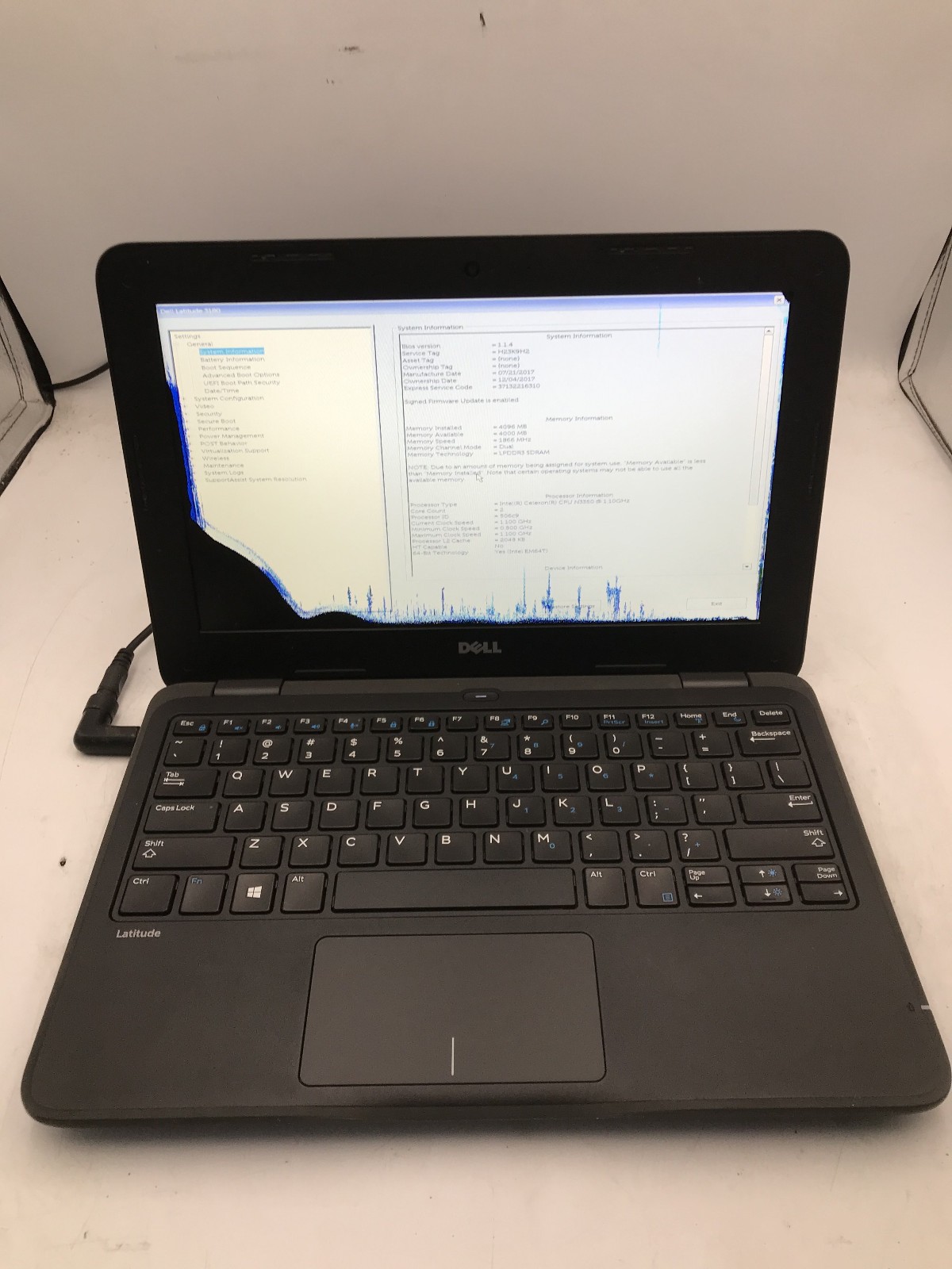 DELL LATITUDE 3180 – BOOTS TO BIOS/BAD LCD – INTEL CELERON N3350 – 4GB RAM – BB!