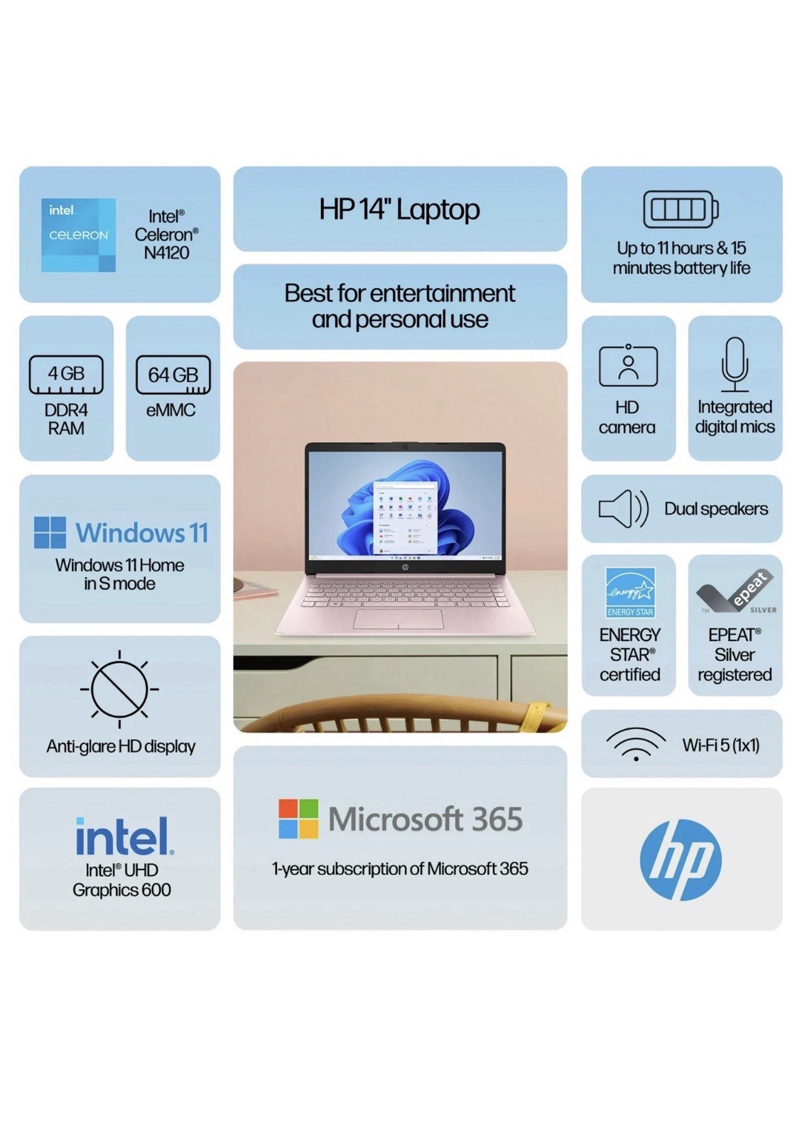 HP Stream 14″ Windows Laptop Intel Processor N4120 4GB RAM 64GB eMMC Pink NEW