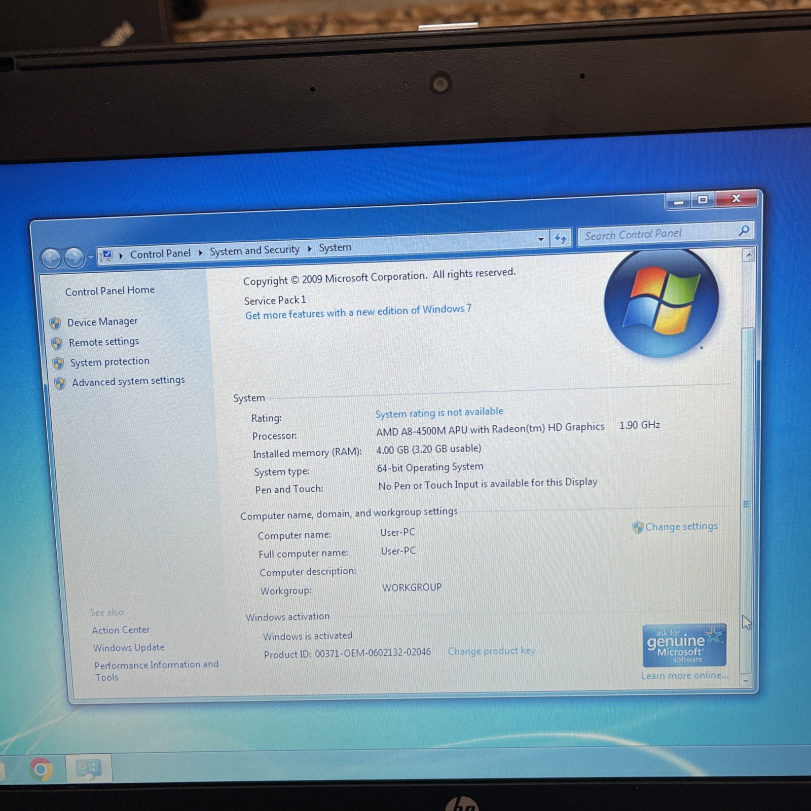 HP ProBook 6475b 14” Windows 7 Laptop AMD A8, 4gb, 120gb SSD, DVD, No Battery