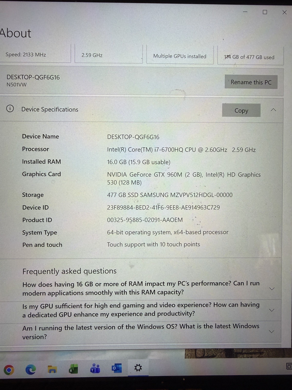 Asus Zenbook UX501V I7-6700HQ 16GB 512GB Win10 W/ AC Adapter