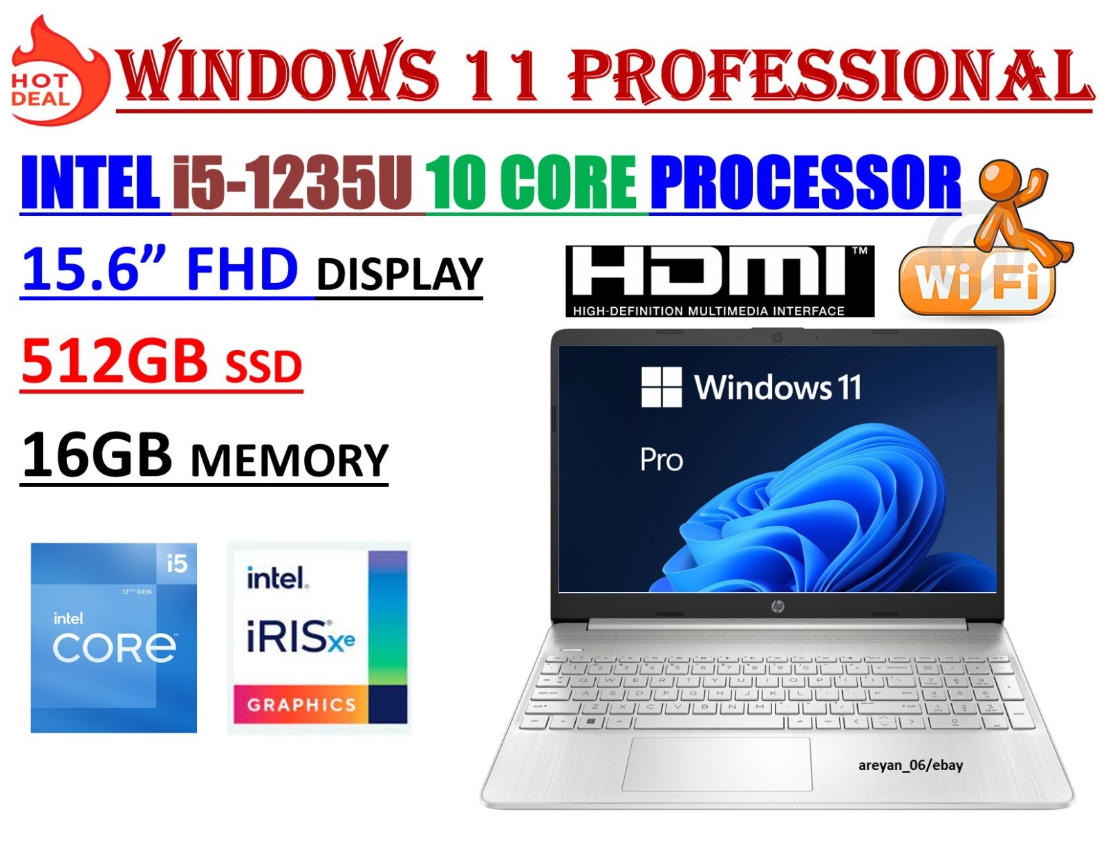 HP 15.6 Full HD Laptop 12th Gen Intel i5-1235U 10 Core 16GB RAM 512GB SSD W-11/P