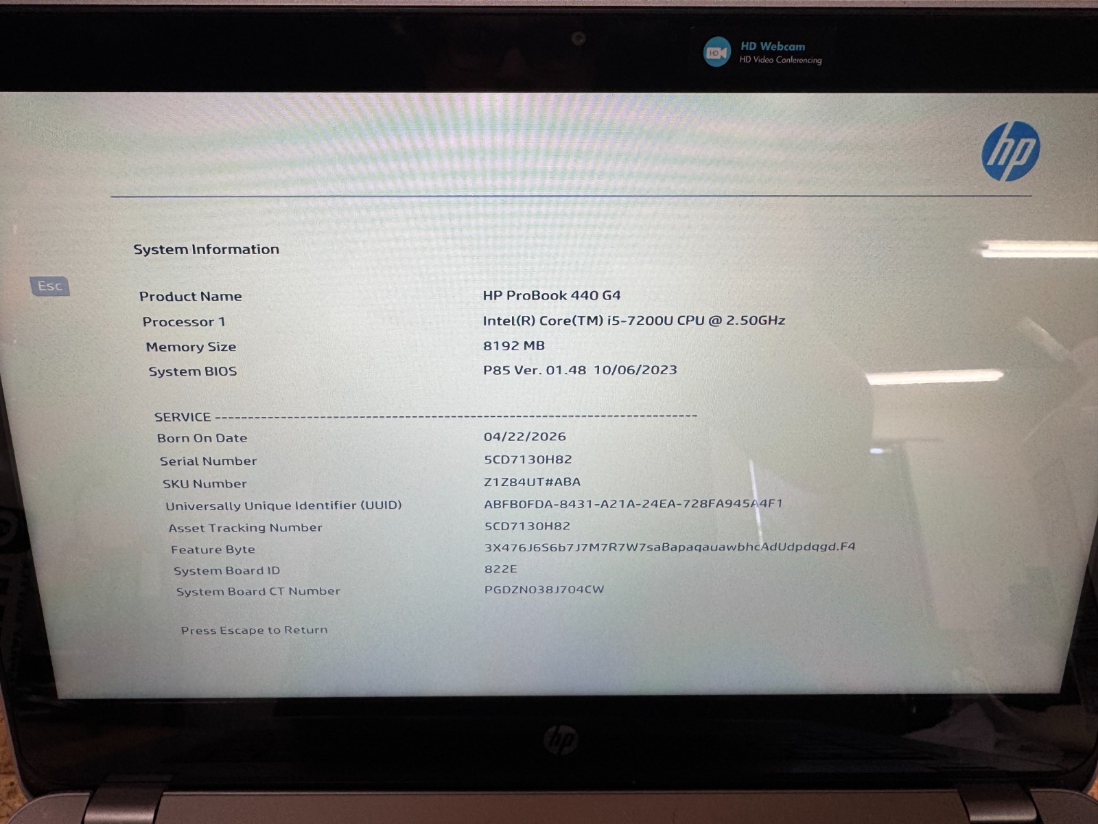 HP ProBook 440 G4 | 14″ | i5-7200U | 8GB DDR4 | NO POWER CABLE/HDD/OS
