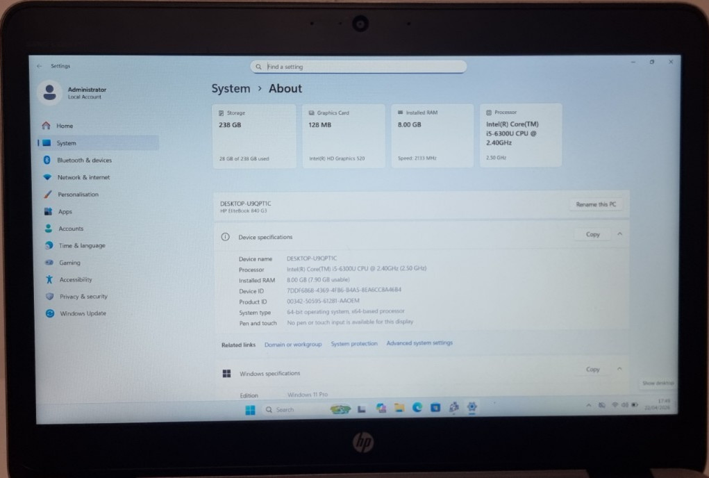 HP ELITEBOOK 840 G3 14″ 6TH GEN i5-6300U 2.40GHZ 8GB DDR4 256GB SSD WIN11 PRO