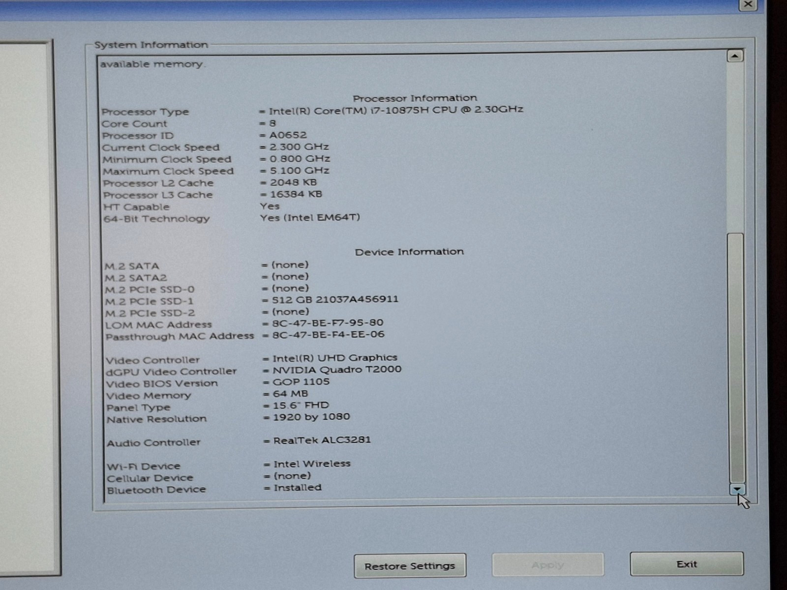 DELL PRECISION 7550 15.6″FHD i7-10875H 512GB SSD 32GB Webcam Wifi Bluetooth W11P