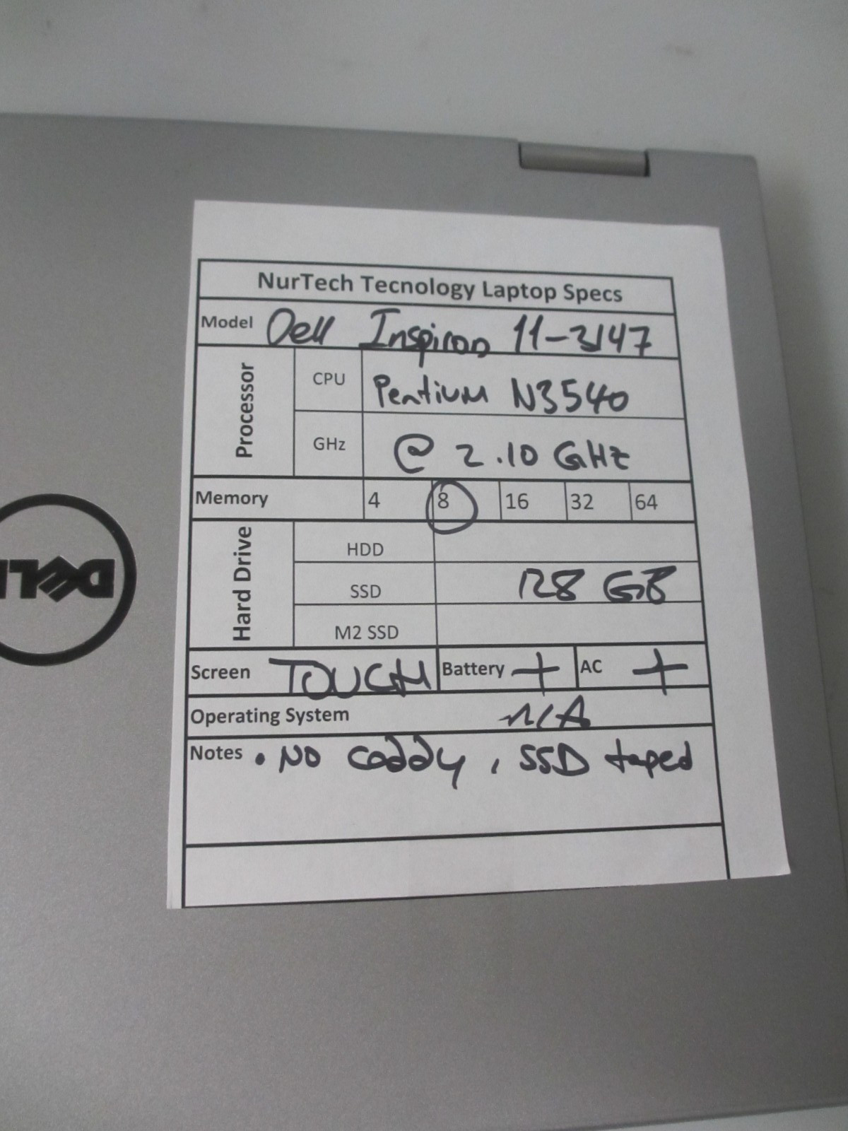 Dell Inspiron 11-3147 11″ Pentium N3540 2.10GHz 8GB 128GB NOOS Laptop + AC READ