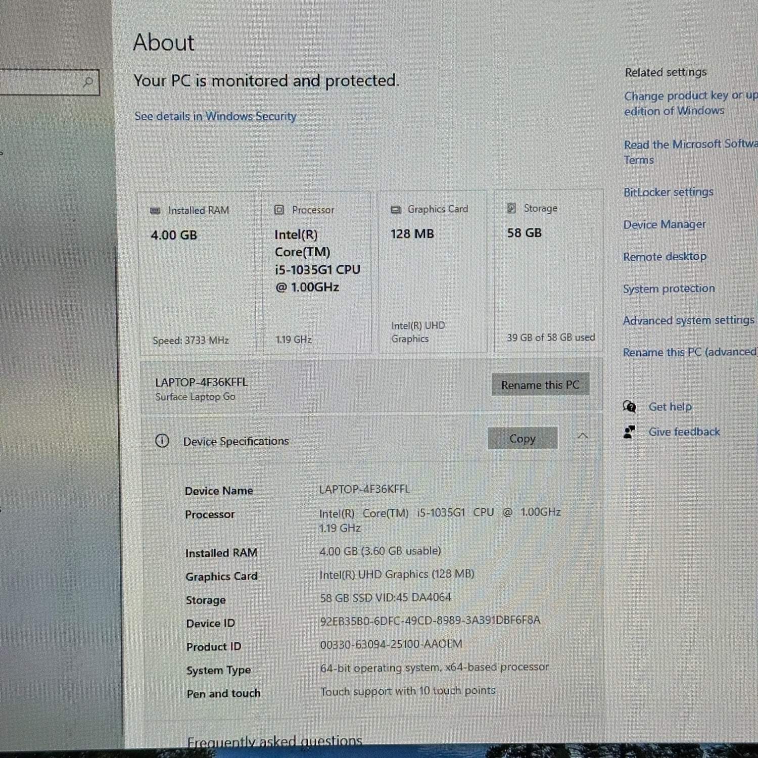 Microsoft Surface Laptop Go 1 1943 12.4″ i5-1035G1 1.0GHz 4GB RAM 64GB SSD