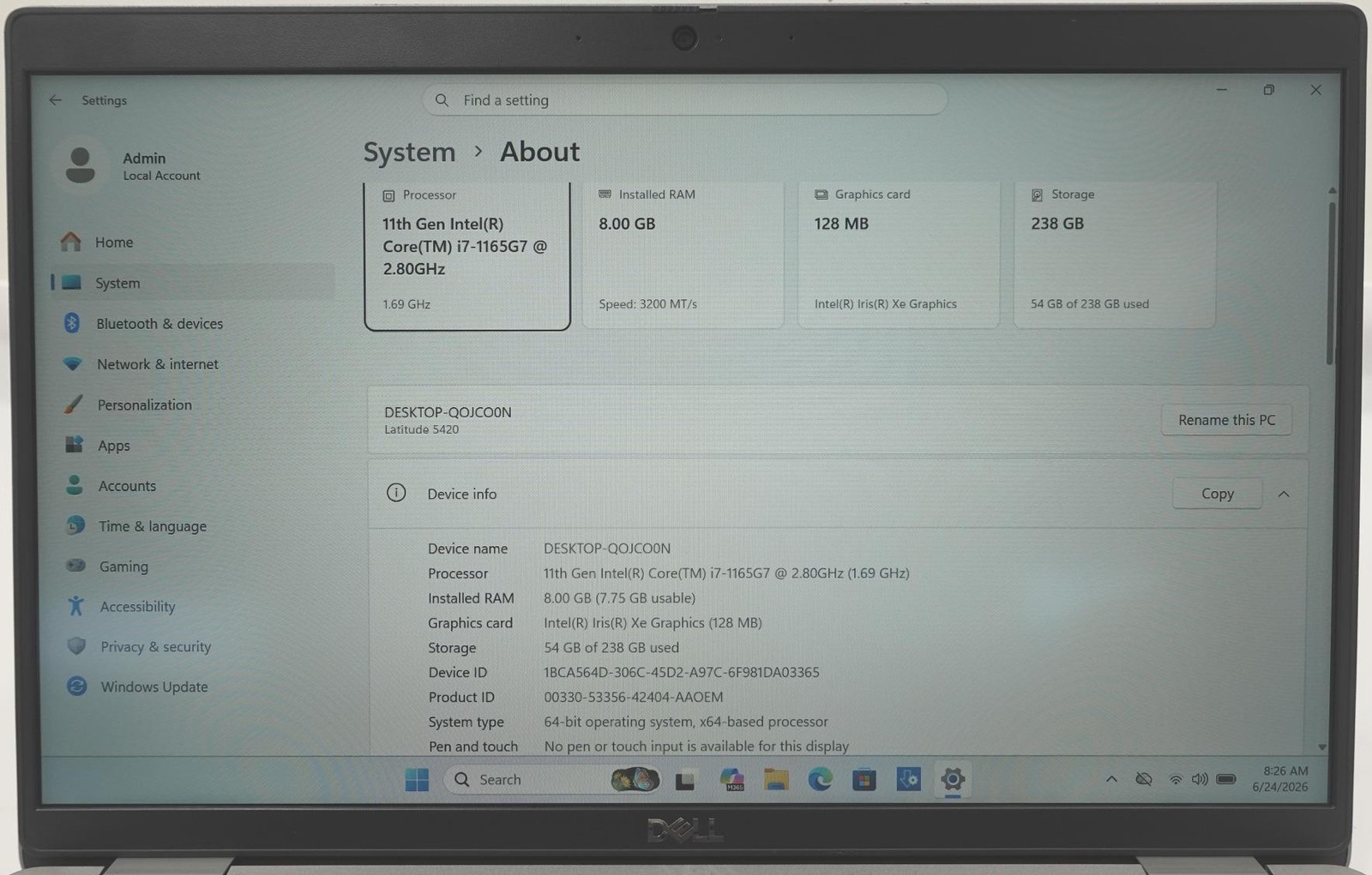 Dell Latitude 5420 14″ Core I7-1165G7 2.80GHz 8GB 256GB SSD Laptop