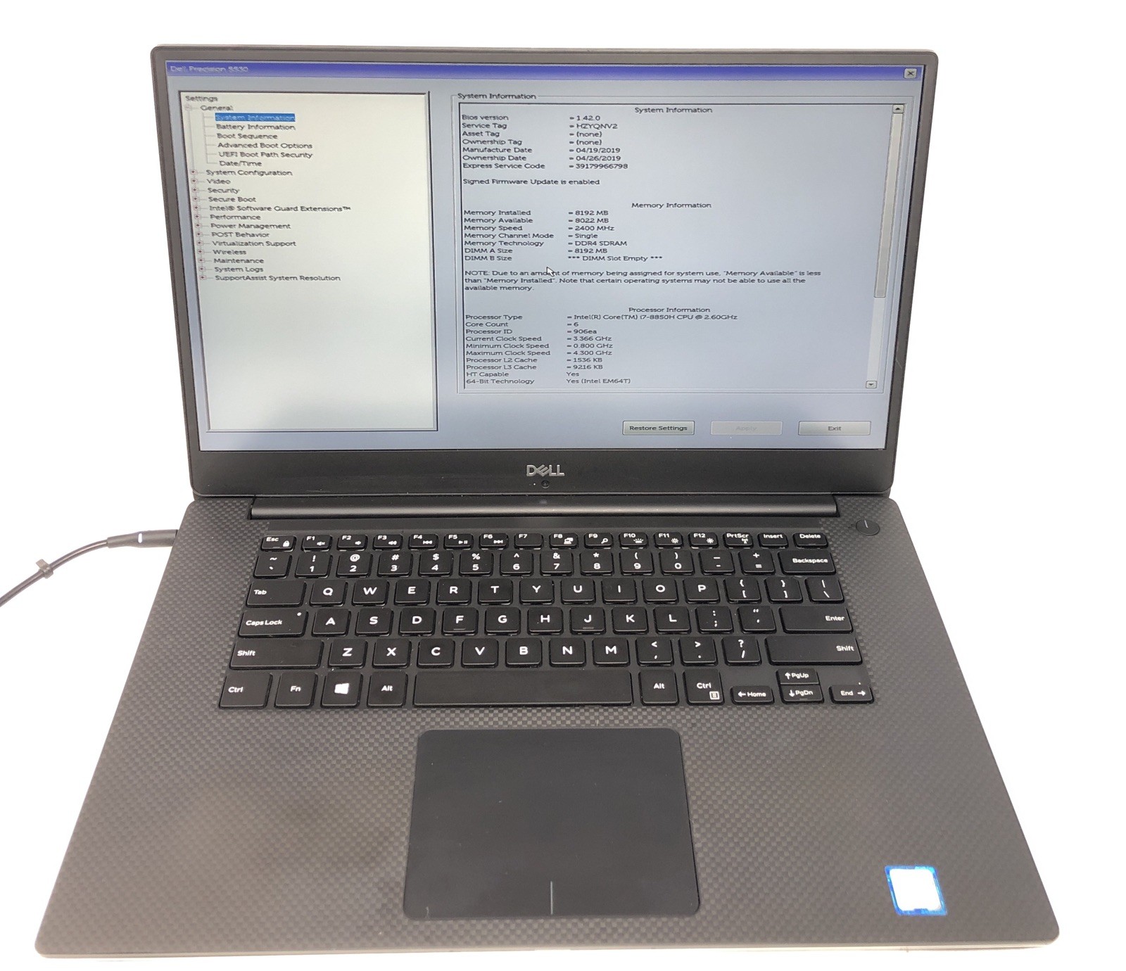 Dell Precision 5530, Intel Core i7-8850H @2.50Ghz, 8GB RAM, NO SSD/OS, Tested!
