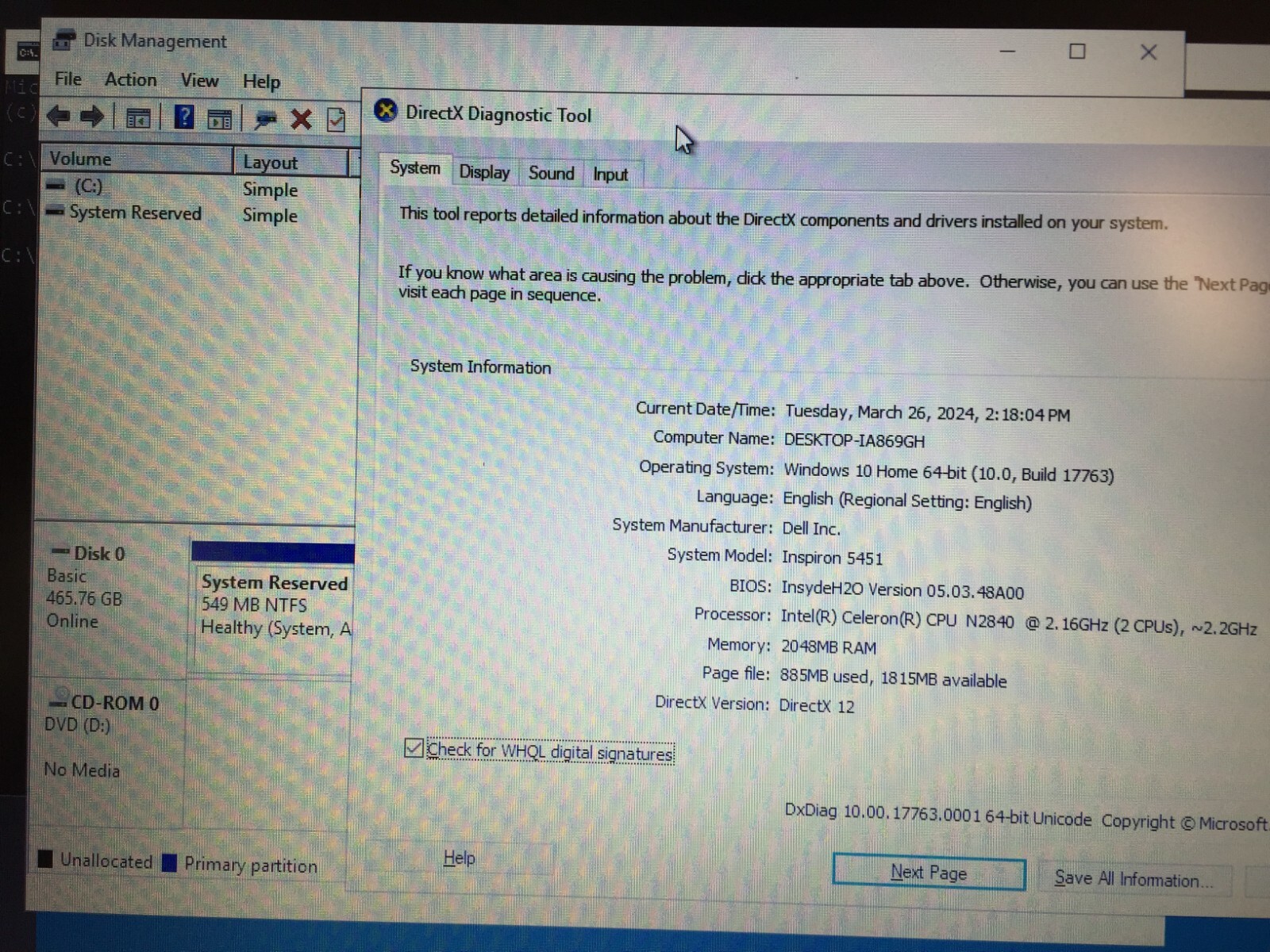 Dell inspiron 5451 15.6″ HD Laptop, Intel N2840/2GB RAM/500GB HDD/WIN 10