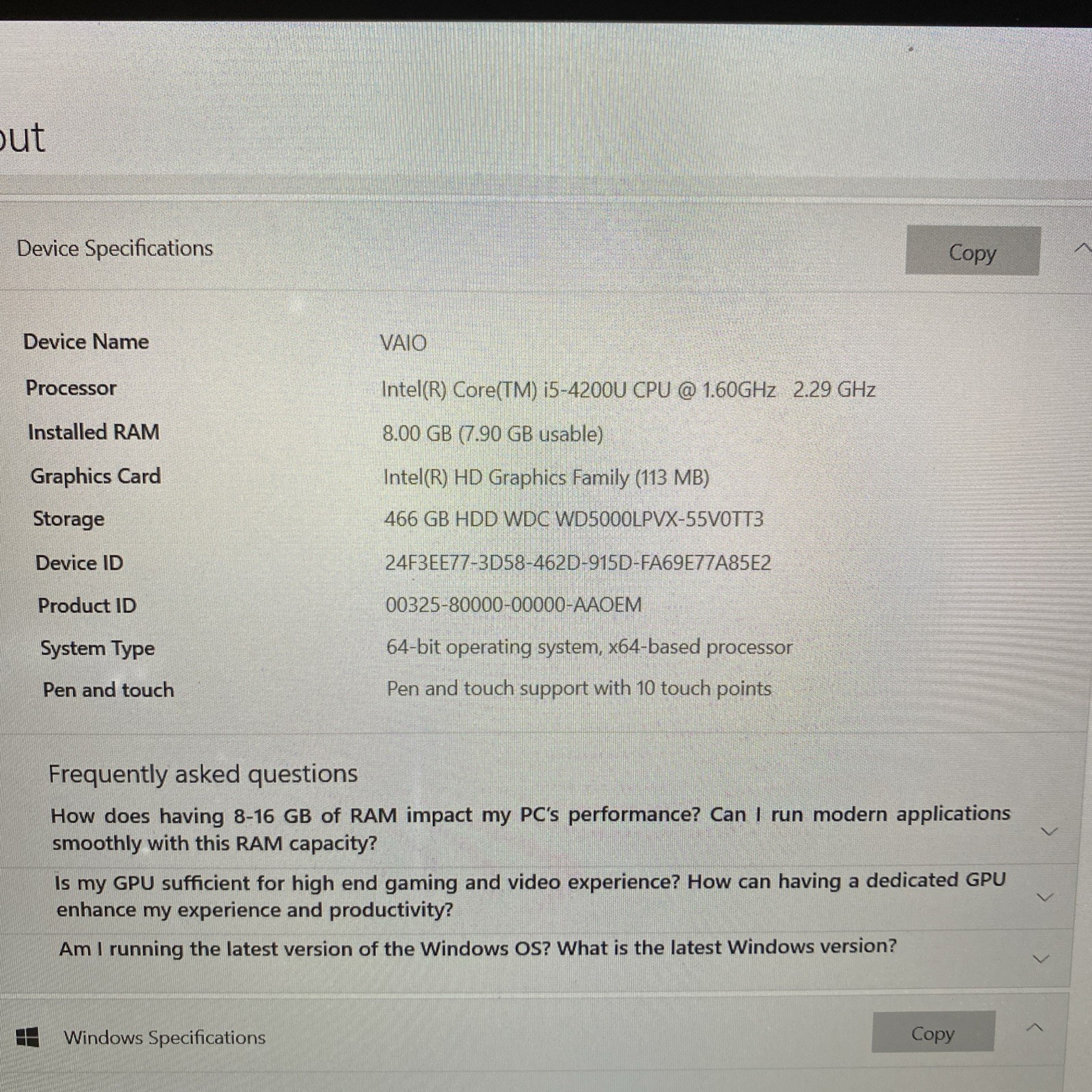 SONY VAIO 8GB Ram 466 GB SSD 15.6” FHD Touch Win 10