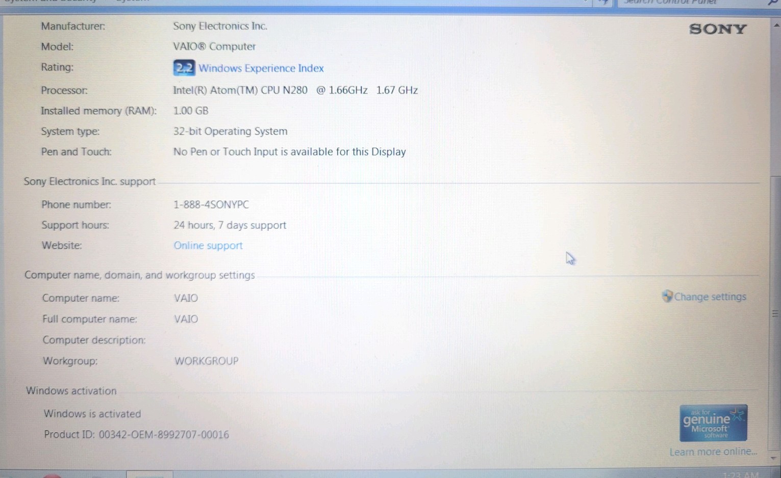 SONY VAIO VPCW121AX 10.1”LED 1.67GHz W Series Mini Notebook