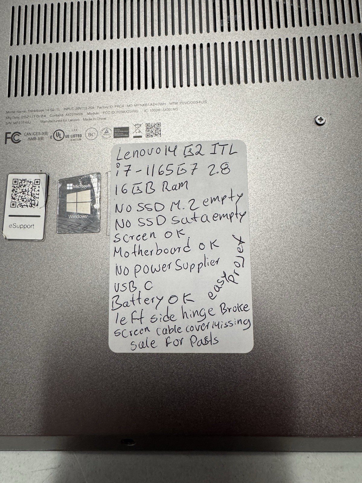 Lenovo ThinkBook 14 G2 ITL i7-1165G7 16GB RAM No SSD Broken Hinge Parts