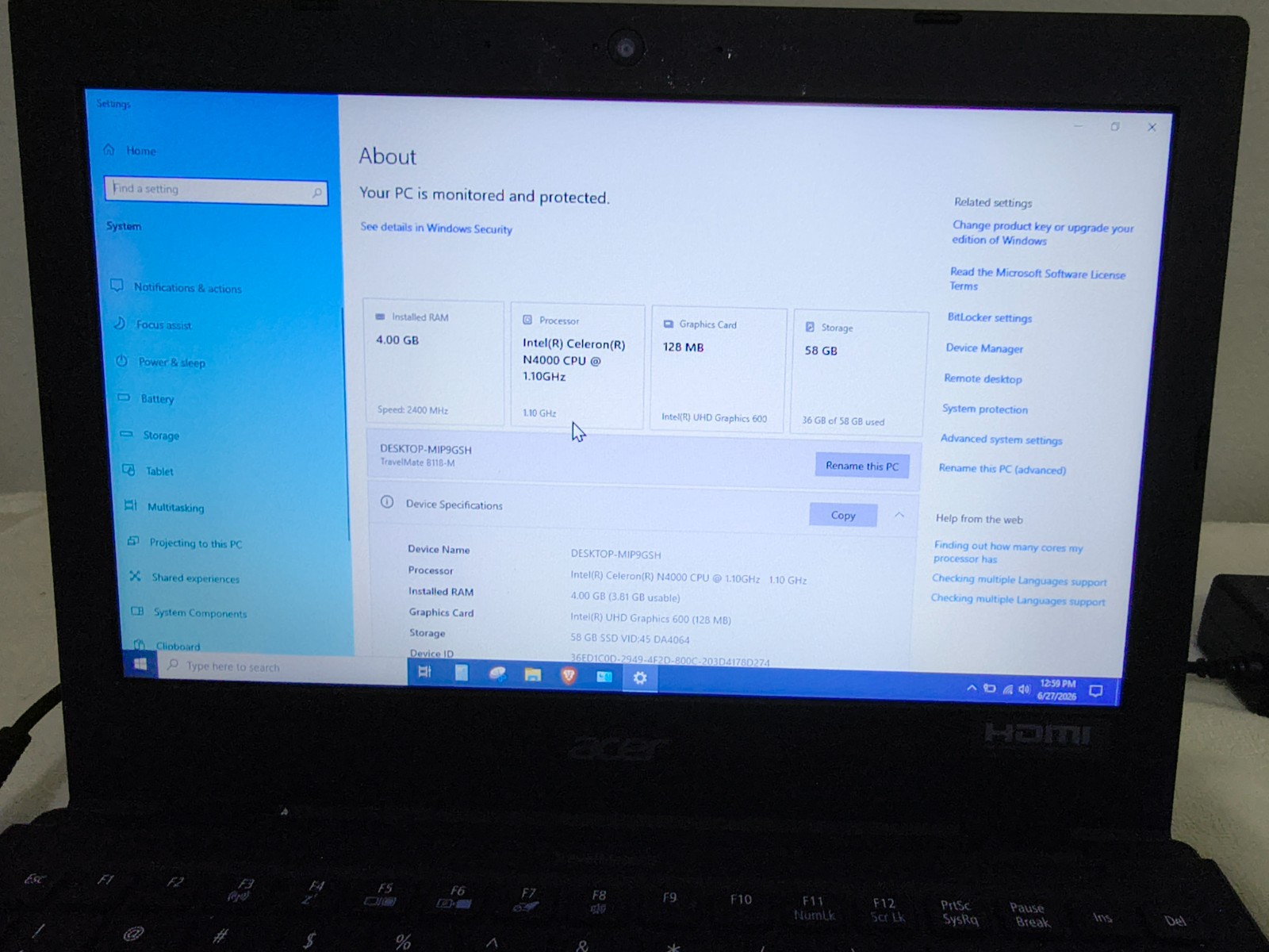 Acer TravelMate B118-M , N4000 4GB Ram 64GB SSD Windows 10 IoT Enterprise LTSC