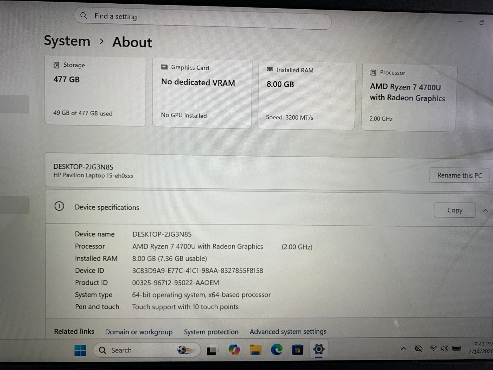 HP Pavilion 15-eh0015cl, AMD Ryzen 7 4700U 2GHz, 8GB RAM, 512GB SSD, Win11H