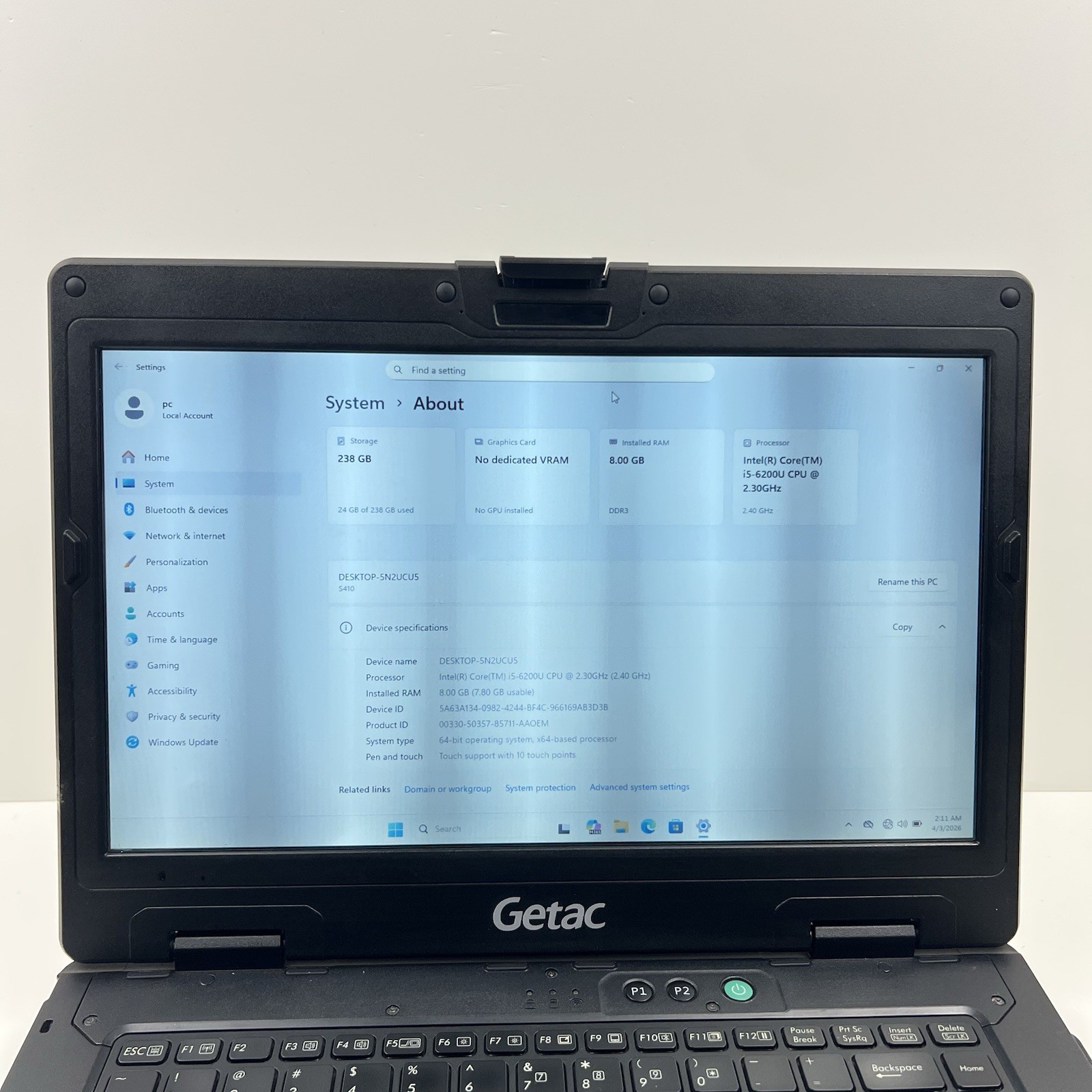 GETAC S410 G3 Rugged Laptop 14″ FHD Touch i5-8265u 8GB 256GB GPS with Charger