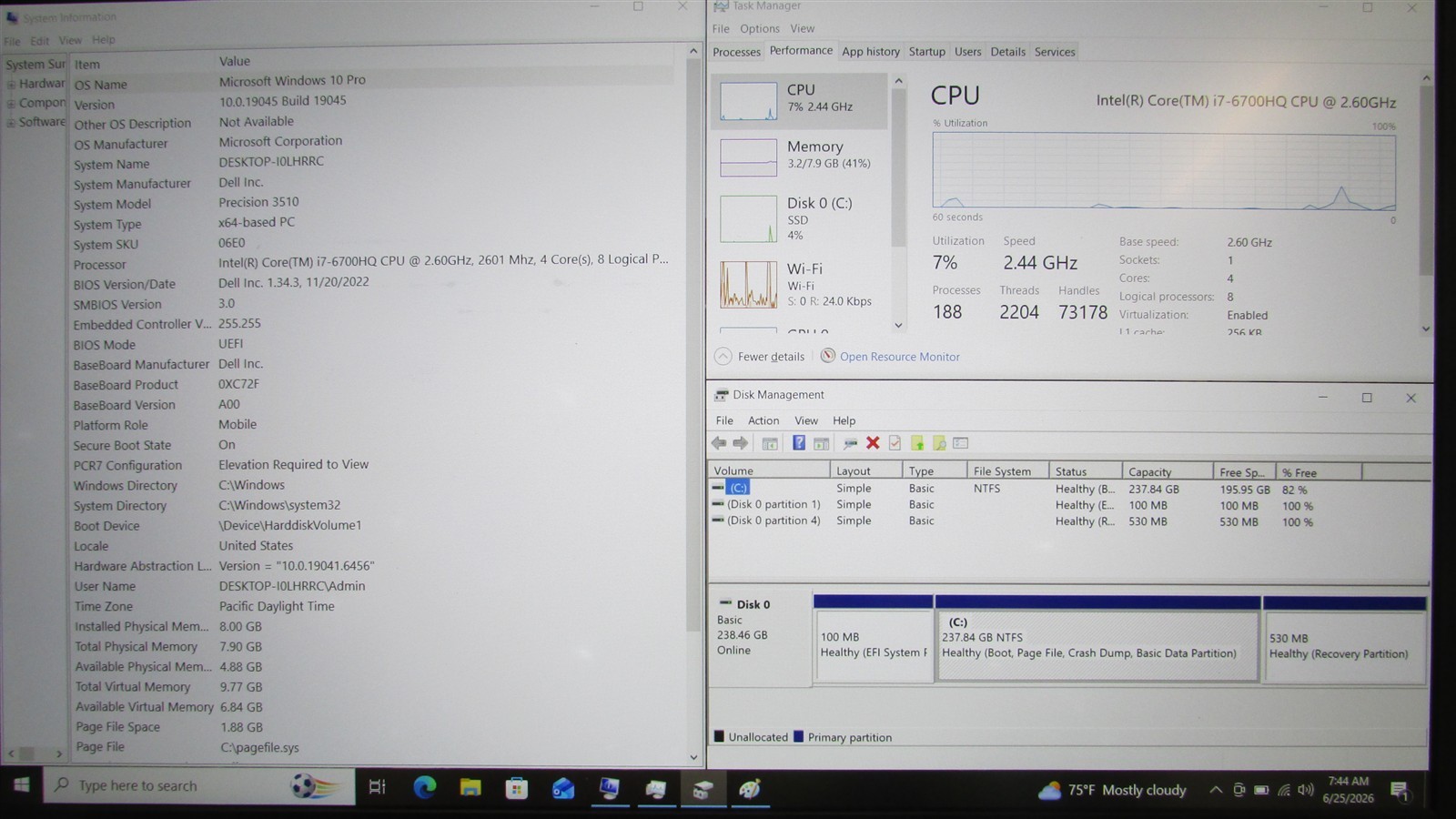Dell Precision 3510 i7-6700HQ 2.6GHz 8GB RAM 256GB 15.6″ Windows 10 Pro SPOTS