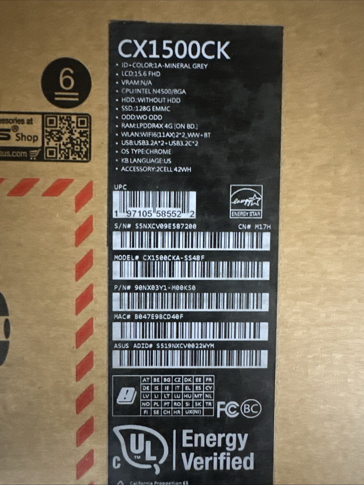 Asus Chromebook 15.6” FHD N4500 4GB 128GB EMMC CX1500CKA-SS48F – Gray