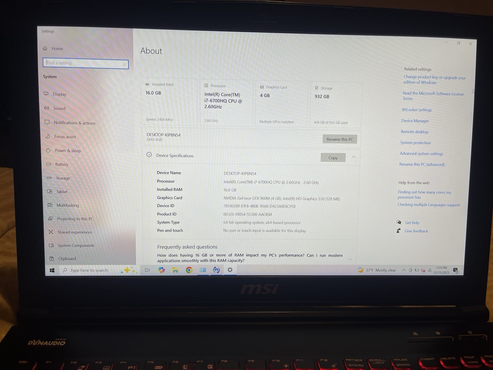 MSI GL62 6QF-893US Laptop FHD, I7-6700HQ, 8GB RAM, GTX-960M, 1TB HDD
