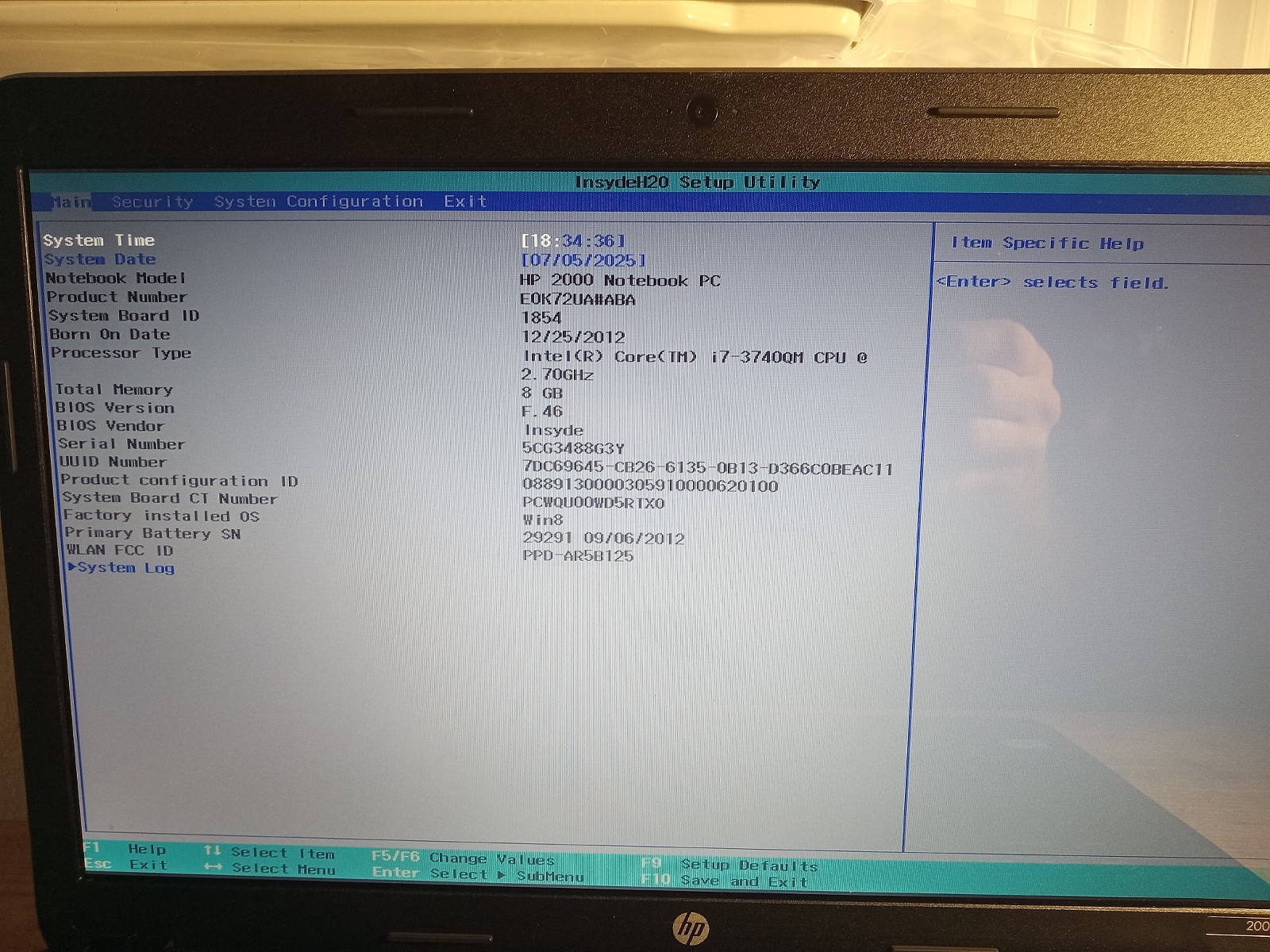 HP 2000 Notebook Laptop, i7 3740QM 2.7 GHz, 8GB RAM, Win10 Pro, 256 GB SSD