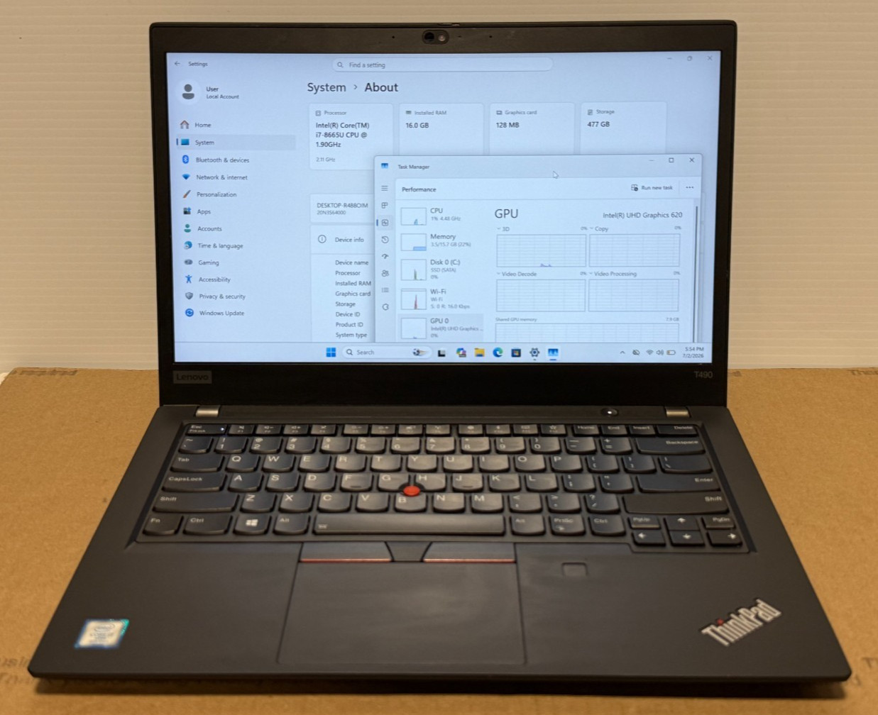 Lenovo Thinkpad T490 i7-8665U 1.90Ghz 16GB 512SSD W11P