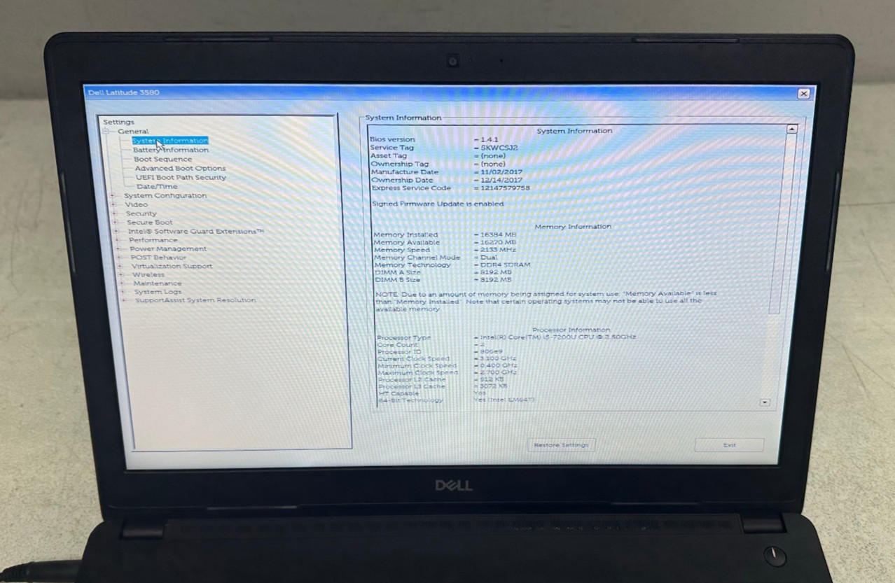 Dell Latitude 3580 15.6 HD (i5-7200U, 16GB RAM, Boot To Bio) NO HD/BATT/ADAPTER