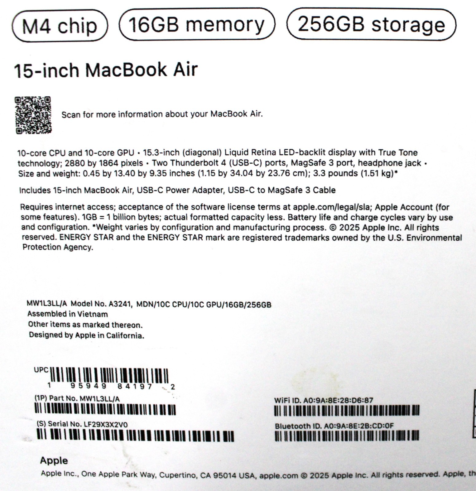 Apple | MW1L3LL/A | A3241 MacBook Air | 16Gb Memory | 256Gb Storage – Open Box