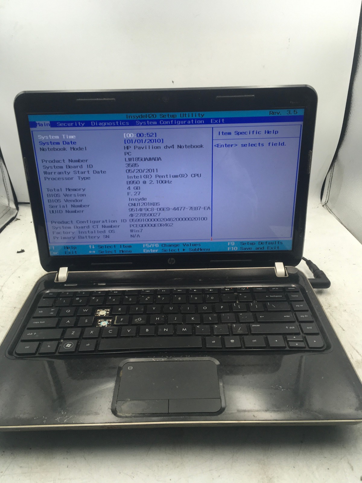 HP PAVILION DV4 – BOOTS TO BIOS – INTEL PENTIUM – 4GB RAM – READ DESCRIP – BB
