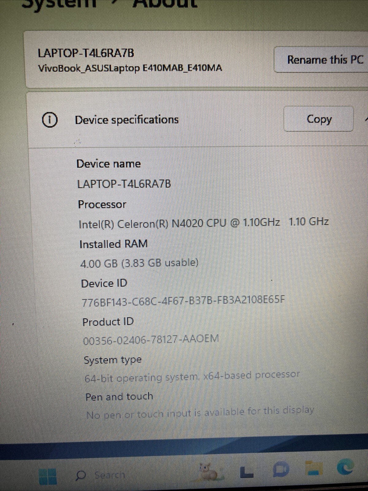 ASUS VivoBook E410M 14″ HD N4020 4GB 64GB SSD E410MA Win 11
