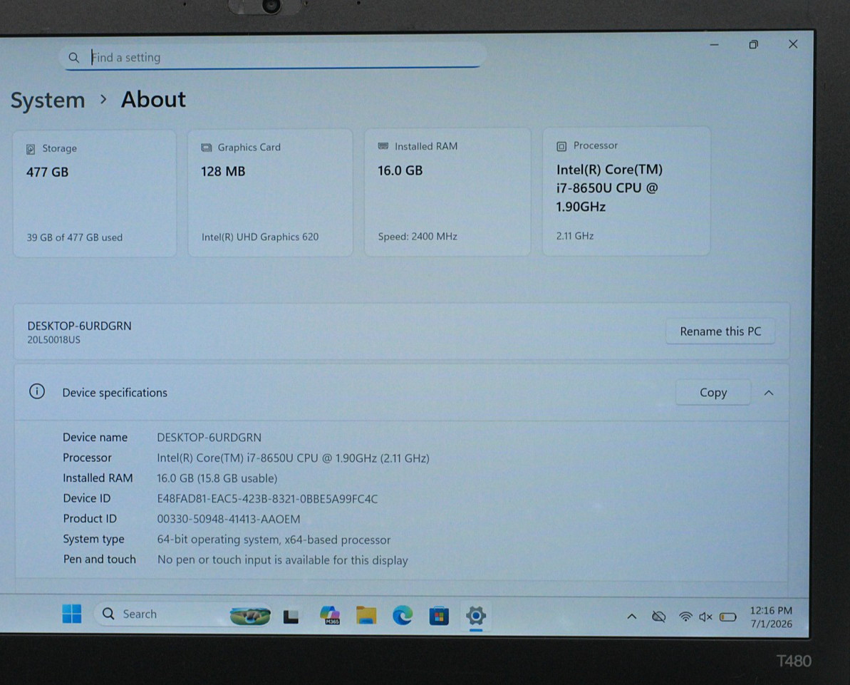 Lenovo ThinkPad T480 512GB 16GB RAM i7-8650U 14in Black (READ DESCRIPTION)
