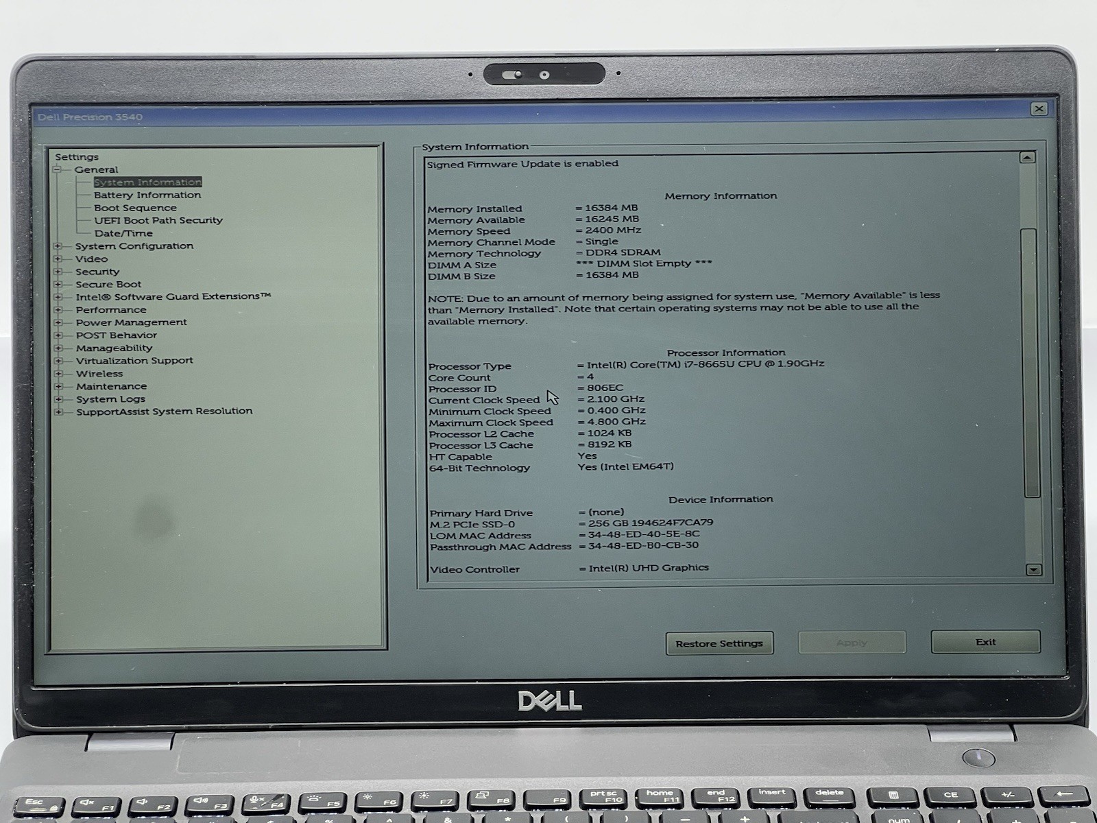Dell Precision 3540, i7-8665U CPU, @ 1.90GHz, 16GB RAM, 256GB NVMe-No OS/AC