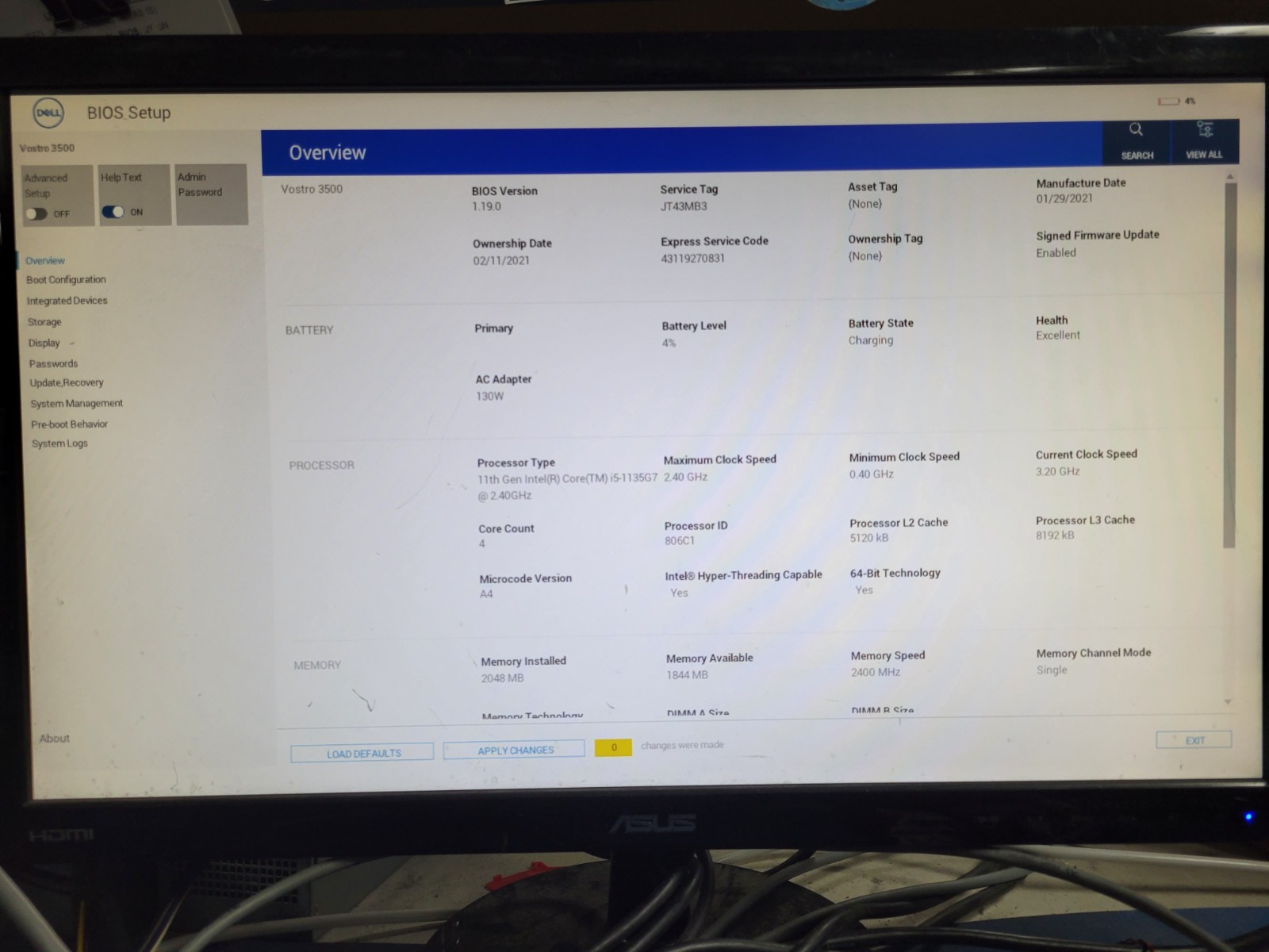 Dell Vostro 3500 15.6″ i5-1135G72.4GHz 2GB RAM No OS/HD *BIOS/Read* | LP516