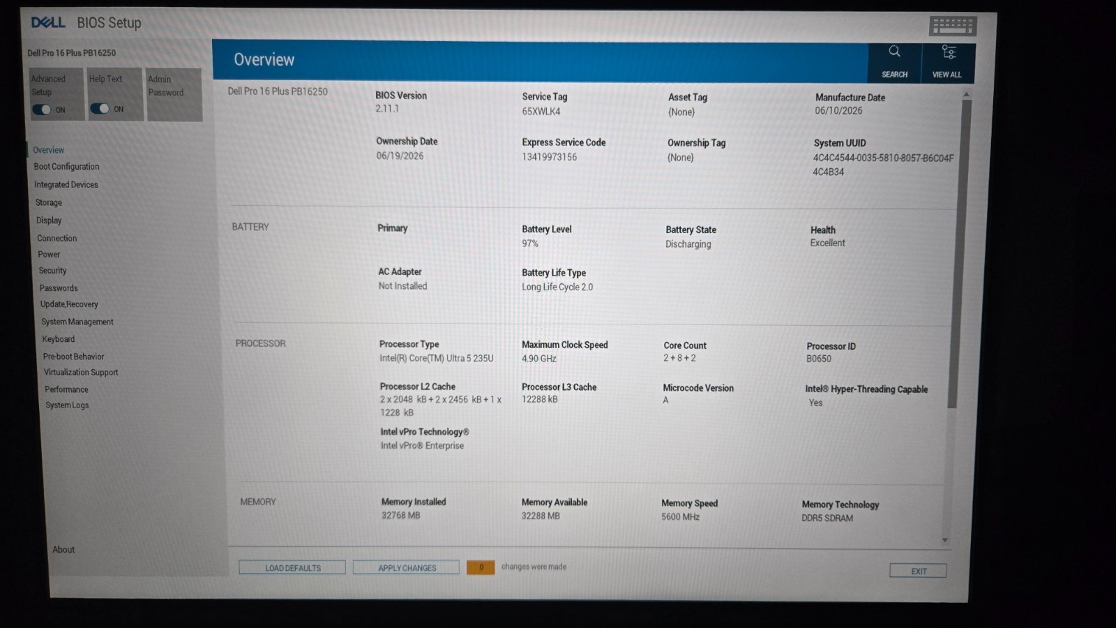 Dell Pro 16 Plus PB16250 16” laptop: Ultra 5 235U 4.9GHz CPU, 32GB RAM 256GB SSD