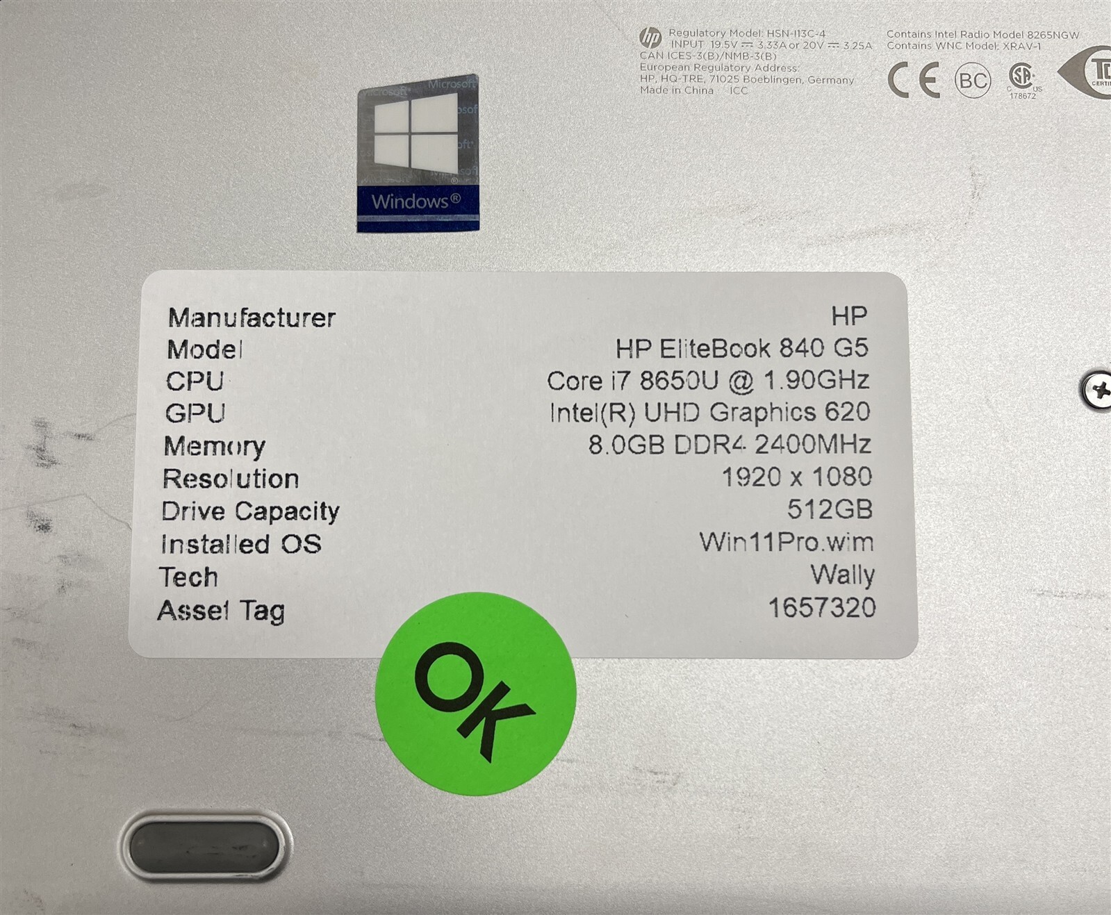 HP EliteBook 840 G5 i7-8650U 1.9GHz 8GB DDR4 512GB SSD WIN 11 PRO 14″ Laptop PC