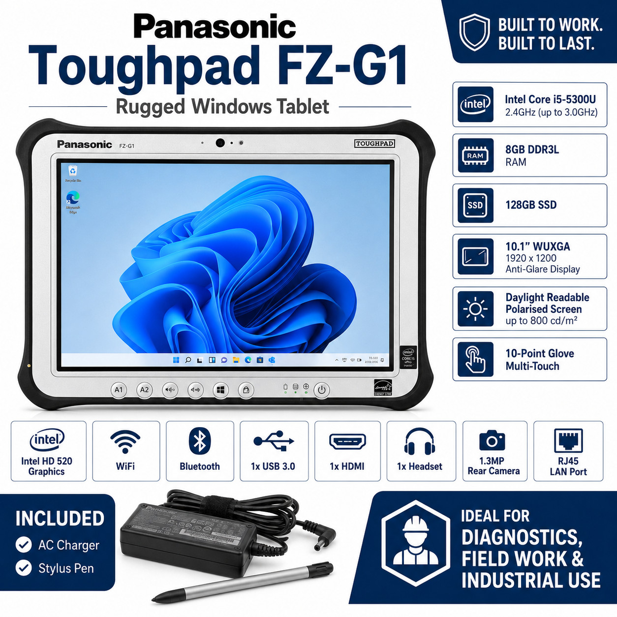 PANASONIC TOUGHPAD FZ-G1 i5 5th GEN 8GB LAN RJ45 Diagnostic Tablet Win 11 MK3