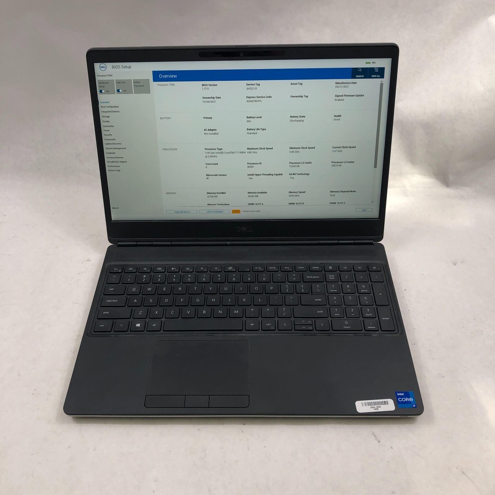 Dell Precision 7560 Laptop i7-11850H 32GB RAM RTX A3000 512GB SSD No OS/AC