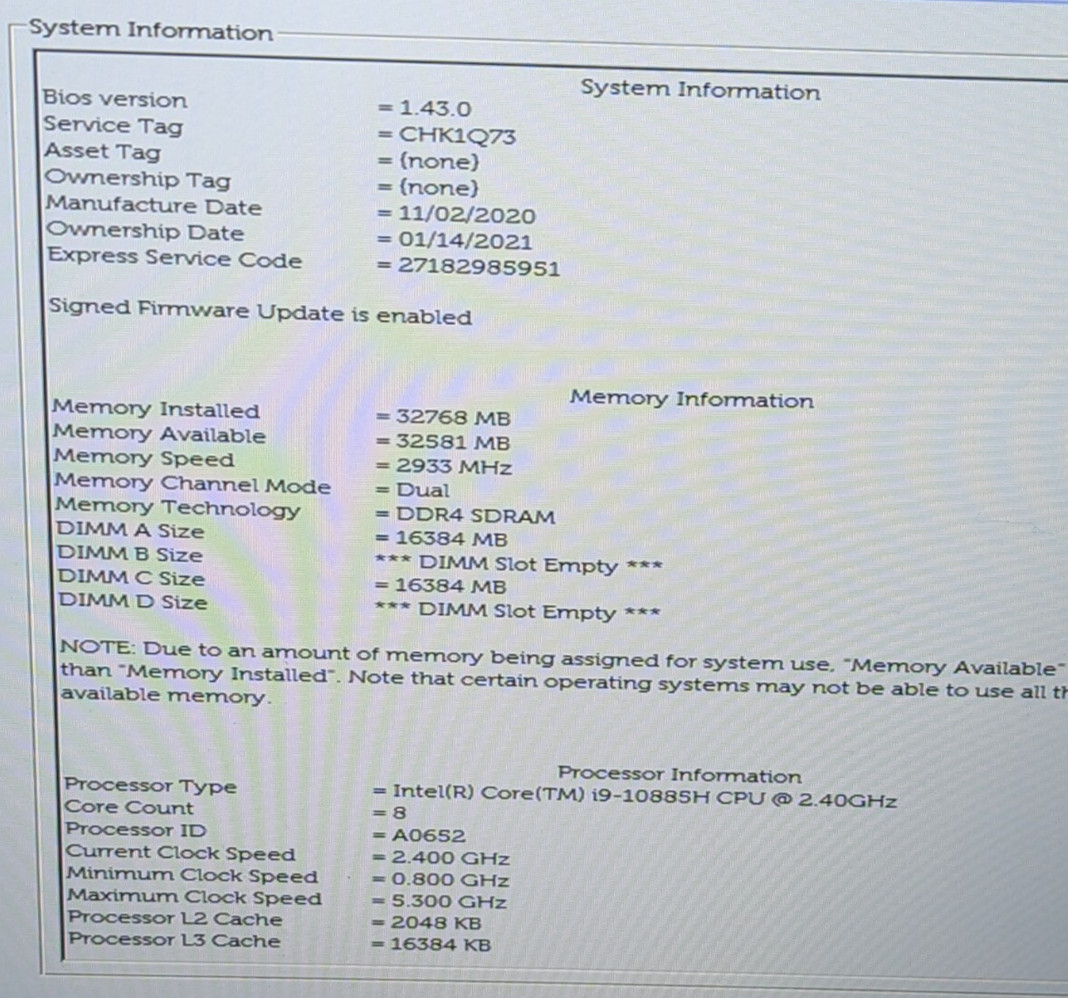 Dell Precision 7550 15.6″ i9-10885H 2.40GHz 32GB 512GB SSD W11P T1000 CHK1Q73