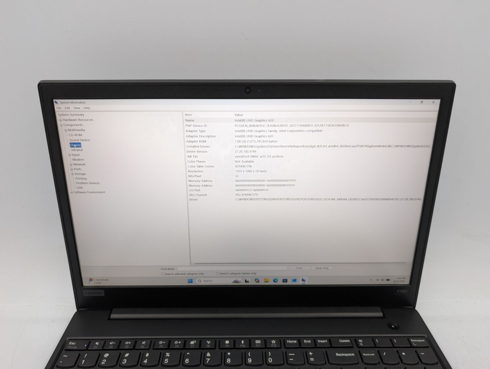 Lenovo ThinkPad E590 15.6″ Intel i5-8265U 16GB RAM 256GB SSD 1TB HDD Win 11 Pro