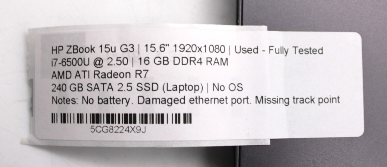 HP ZBook 15u G3-i7-6500U@2.5GHz-16GB DDR4 RAM-240GB SATA-NO OS/BAT*USED/TESTED*