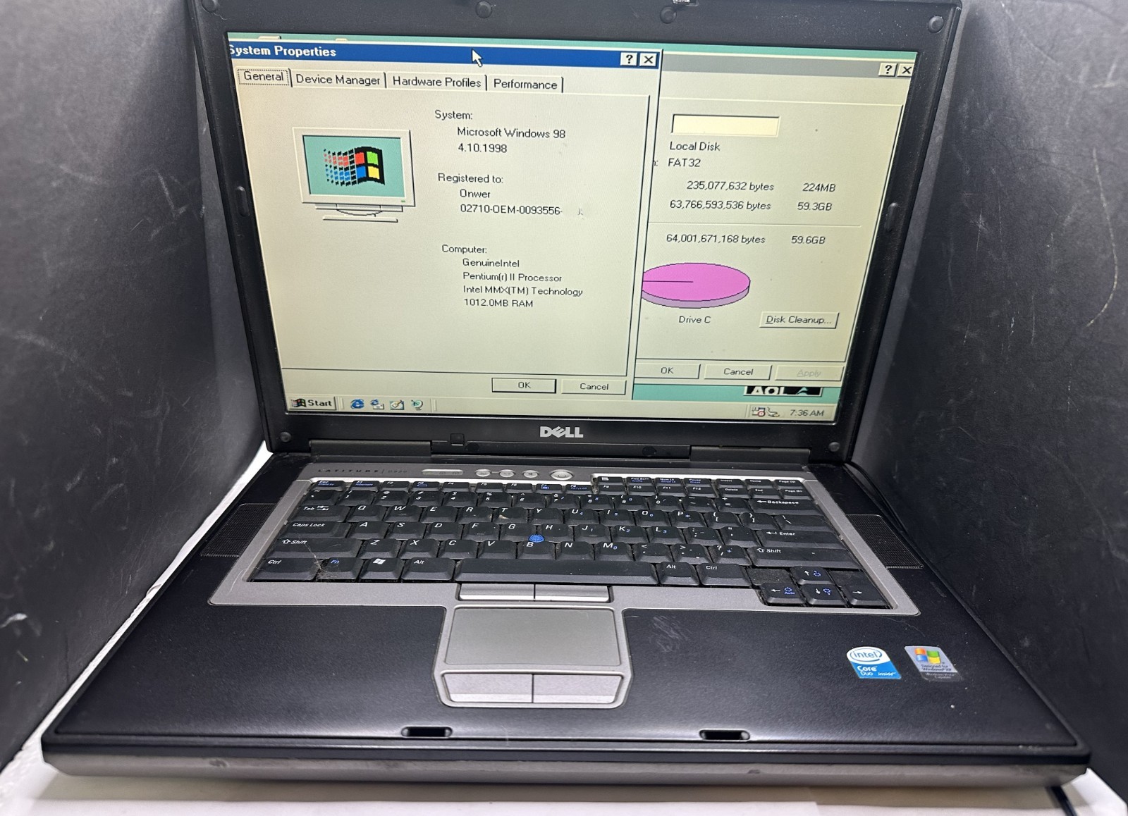 DELL D820 CORE 2 DUO, WIN 98, 64 GB SSD POWER ADAPTER, STRICTLY FOR PARTS/REPAIR