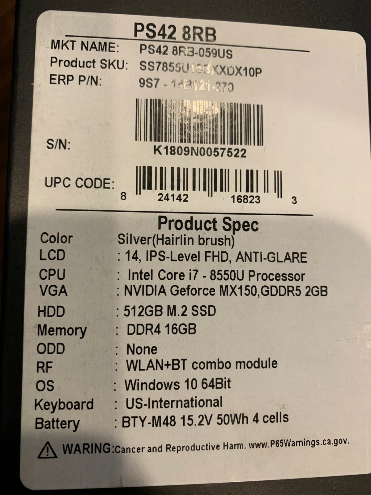 PS42 Modern-059 14″ FHD Professional Laptop Intel Core i7-8550U MX150 16GB DDR4