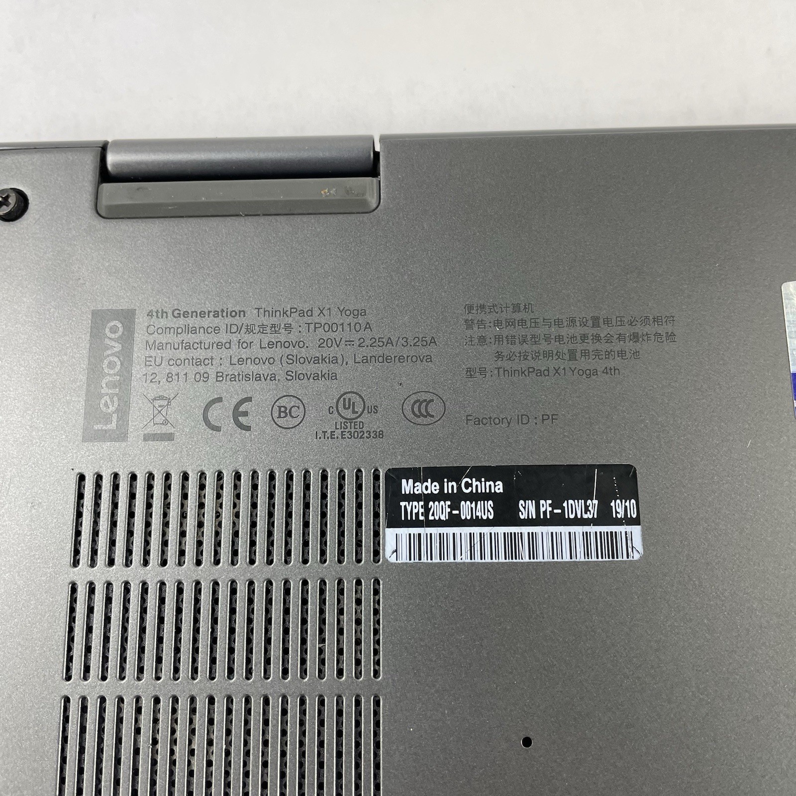 Lenovo ThinkPad X1 Yoga 4Gen 14″ i5-8265U 1.60 GHz 16 GB RAM No SSD/OS/AC