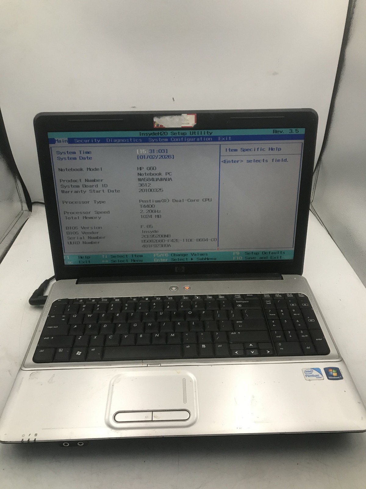HP G60 637CL NOTEBOOK – BOOTS TO BIOS – INTEL PENTIUM T4400 – NO RAM – READ – BB