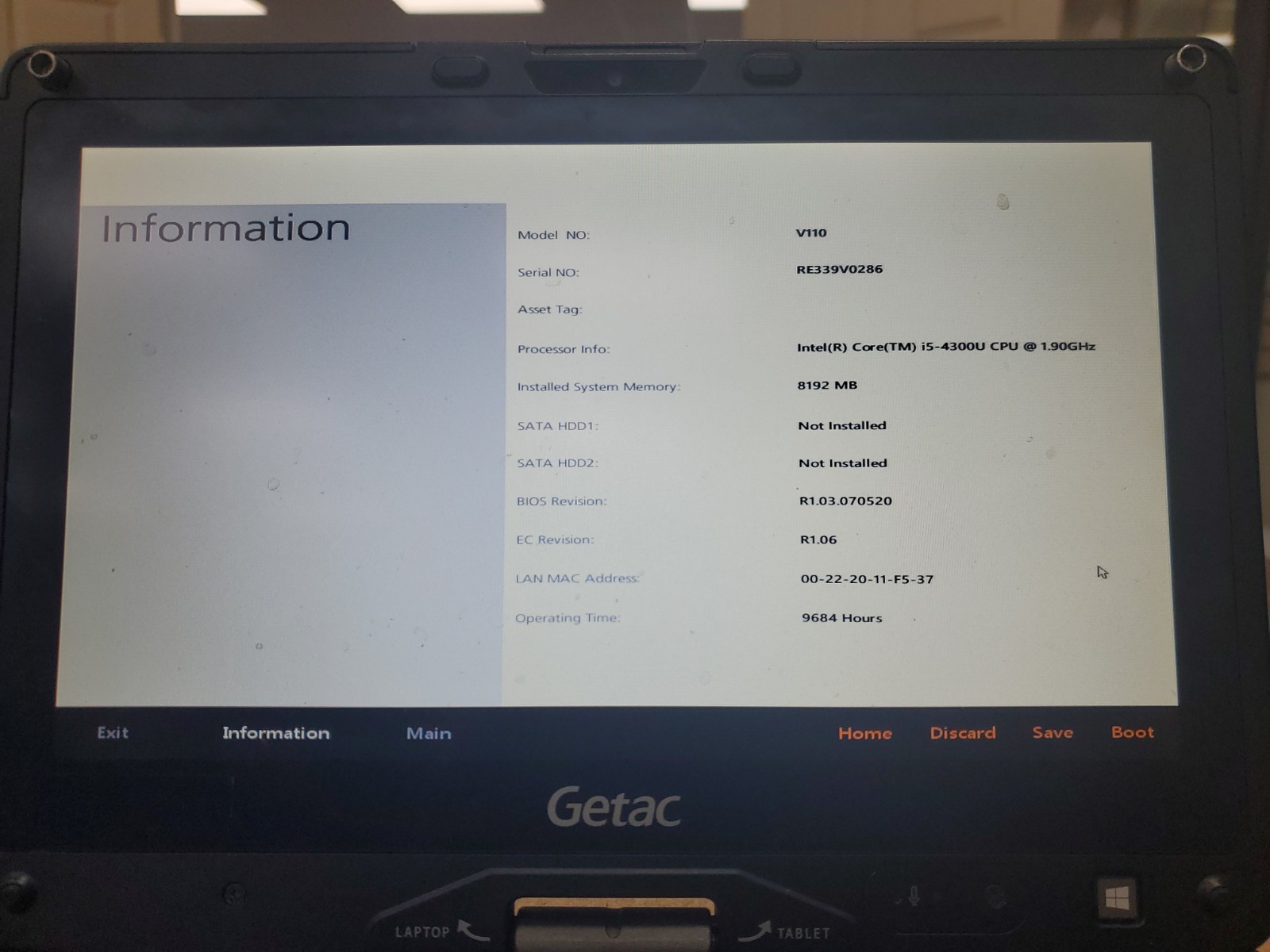 GETAC V110 Laptop Tablet Touch Screen i5-4300U 1.90GHz 8gB No HDD 9684hrs