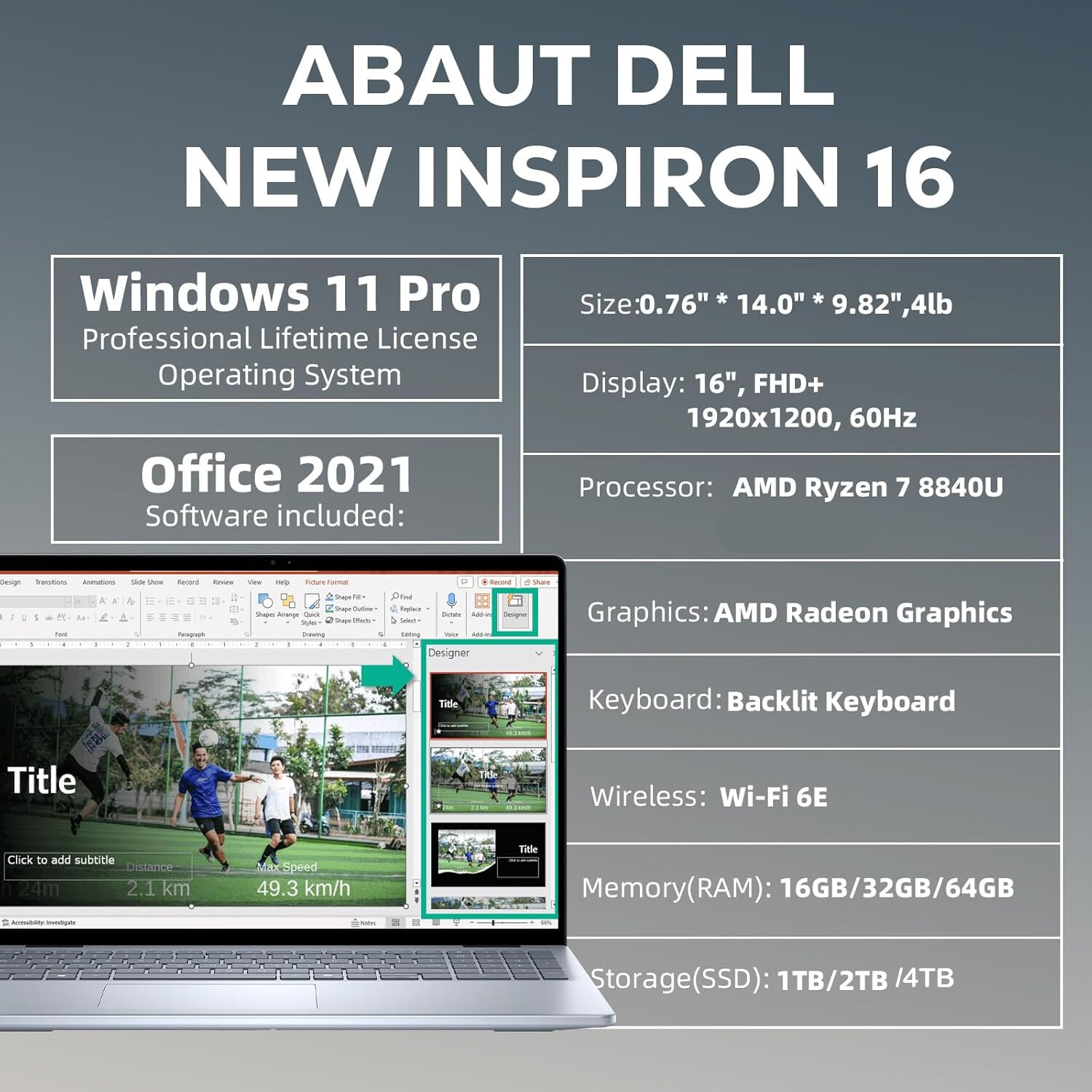 Dell Inspiron 16″ FHD Laptop Computer Backlit Ryzen 7 32GB RAM 1TB SSD W11Pro