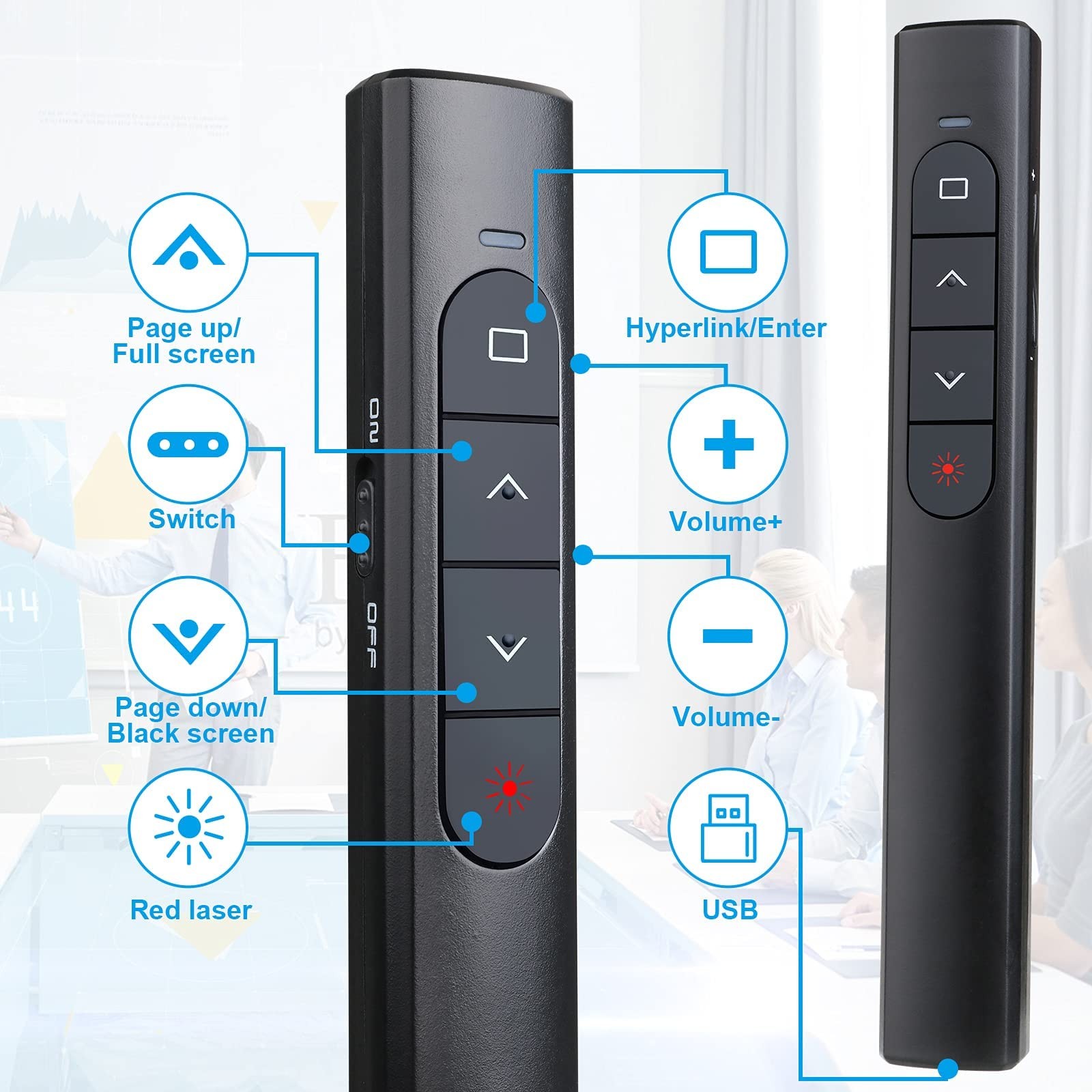2 Wireless Presenter Remotes w/ Hyperlink & Volume Control for PowerPoint Keynot