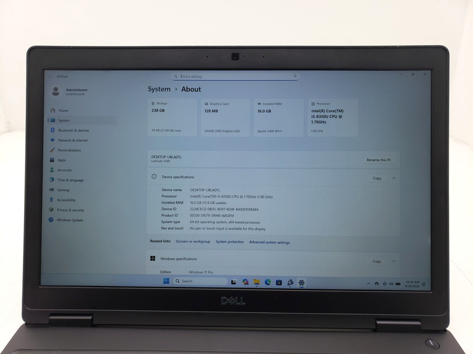 Dell Latitude 5590 Laptop i5-8350U 16GB RAM 256GB SSD 15.6″ Win 11 Pro laptop PC